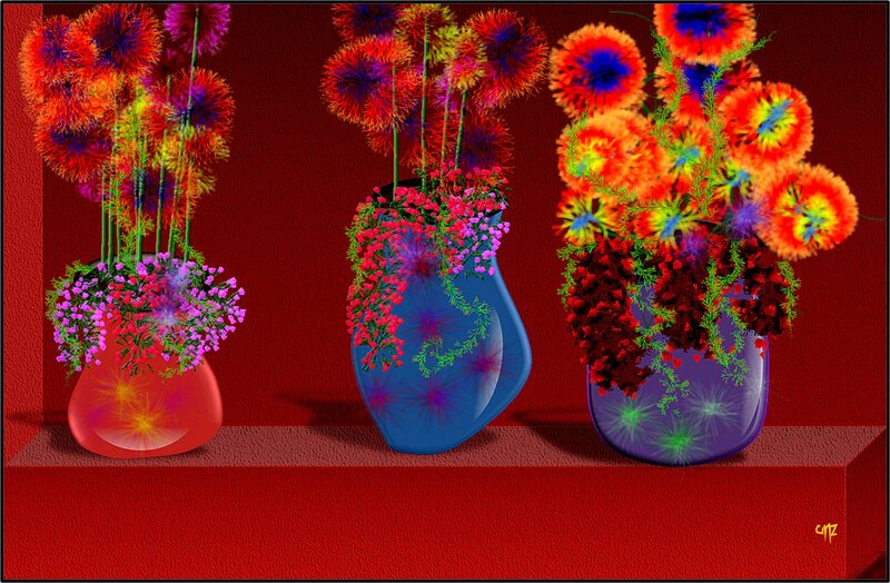 Three Vases with Flowers — Red