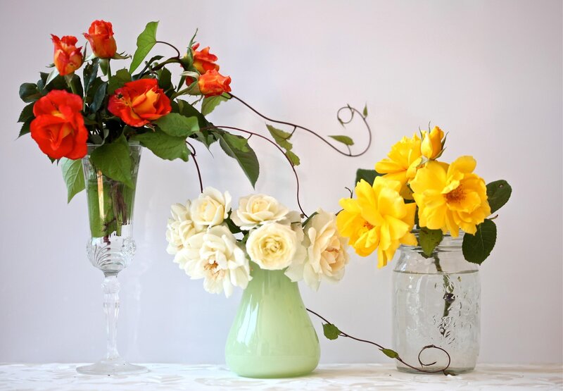 Three vases with roses
