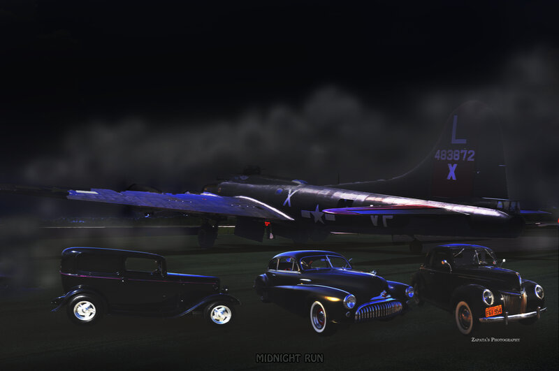 Three Vintage Cars and a Bomber