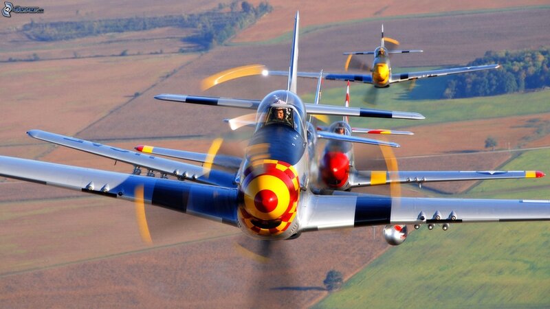 Three Vintage Fighter Planes — Blue, Dynamic, Afternoon, Photograph