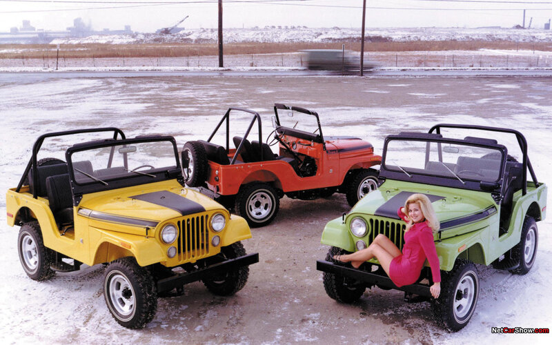 Three vintage Jeeps in snow