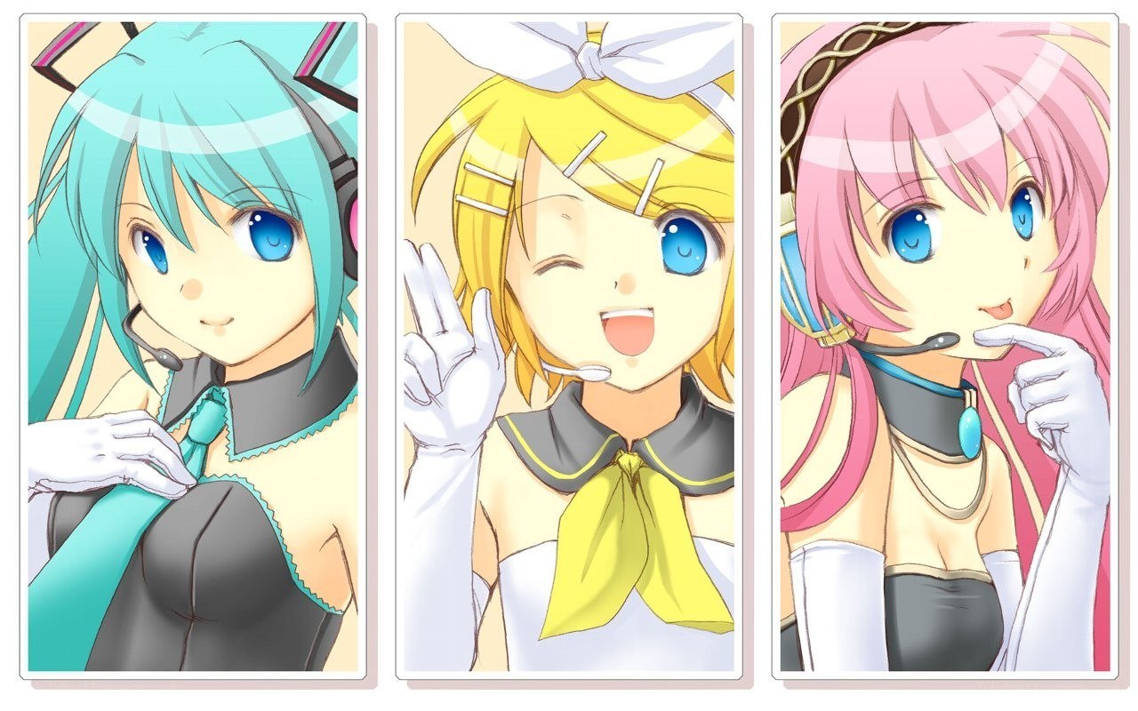 Three Vocaloid characters in concert attire