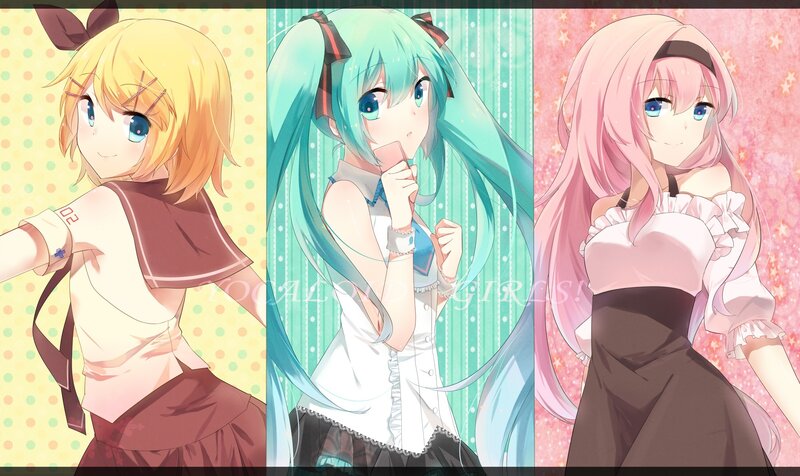 Three Vocaloid girls in colorful panels