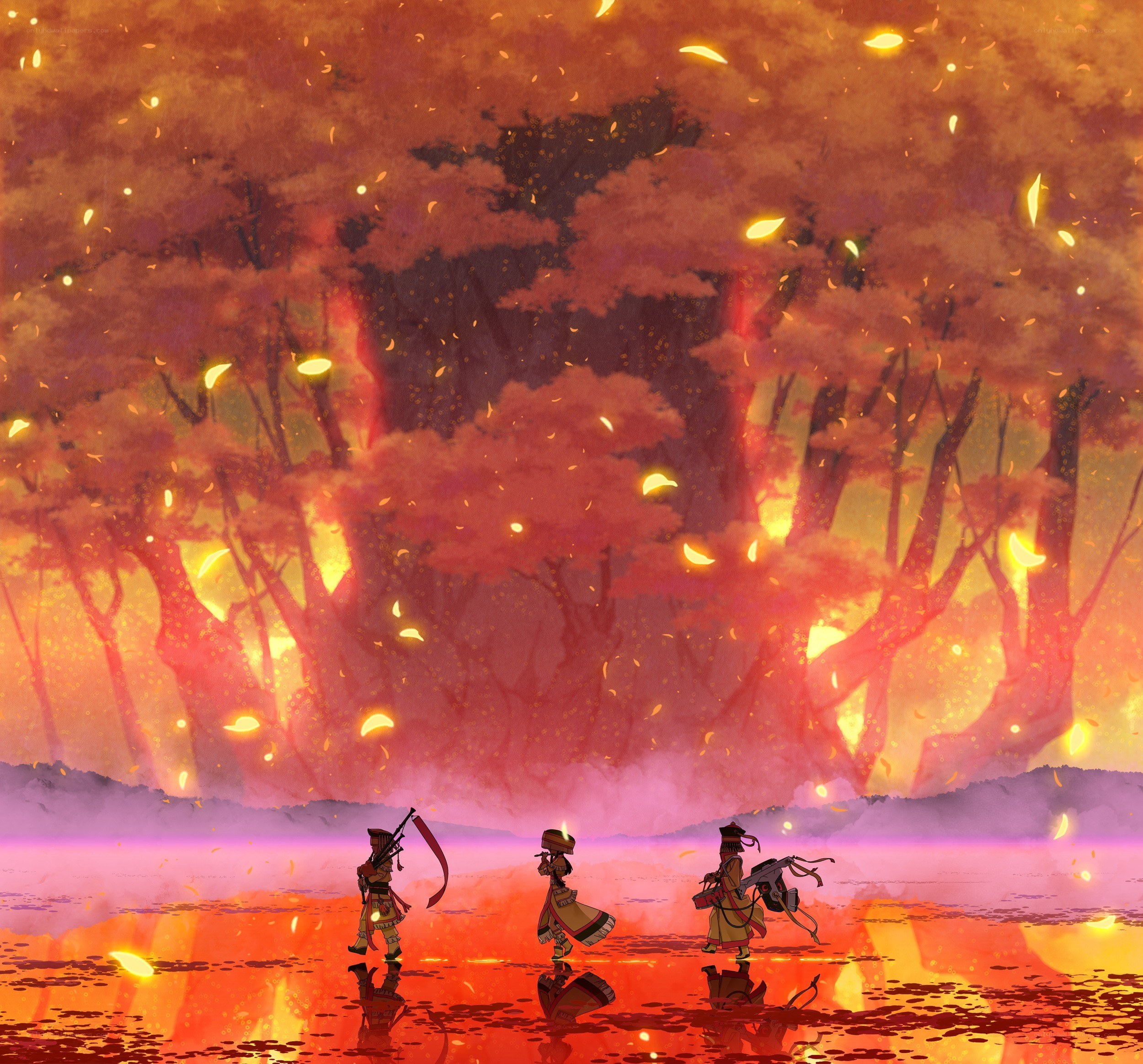 Three warriors in a fiery forest