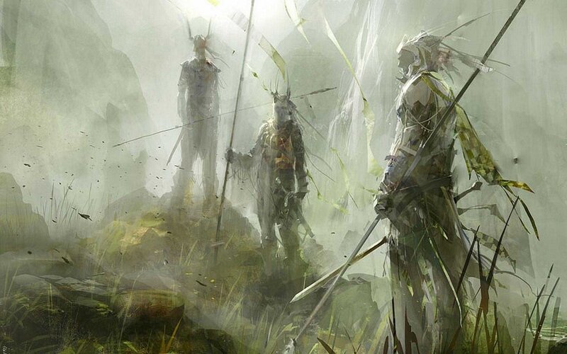 Three Warriors in Mist — Green