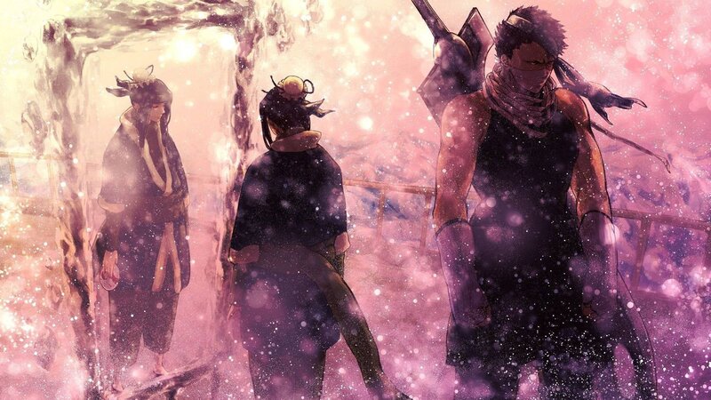 Three Warriors in Snowy Scene — Pink, Dramatic