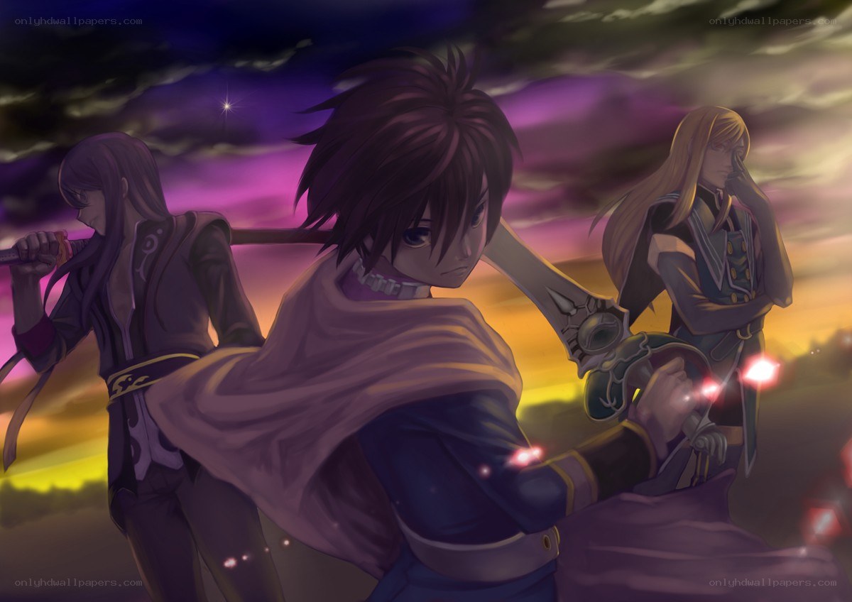 Three warriors stand ready at dusk