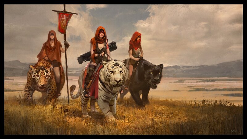 Three Warriors with Big Cats