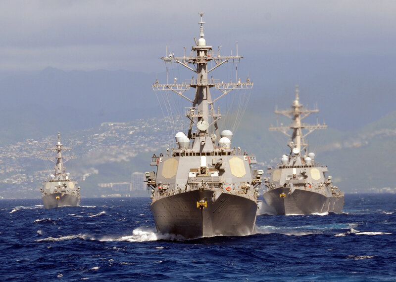 Three Warships at Sea — Gray