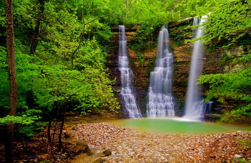 Three Waterfalls in Forest — Green, Serene, Afternoon, Photograph, Trees, Rocks, Pool