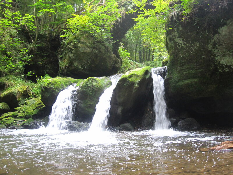 Three Waterfalls in Forest — Green, Serene, Afternoon, Photograph, Trees, Rocks