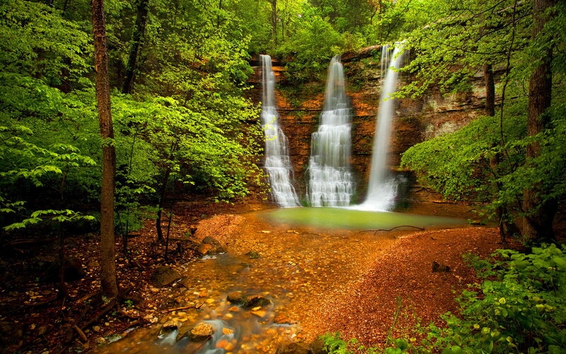 Three Waterfalls in Forest — Green, Serene, Afternoon