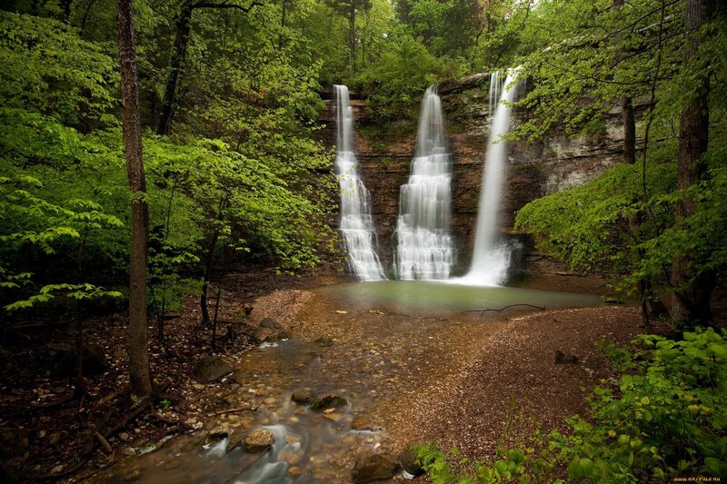 Three Waterfalls in Forest — Green, Serene, Summer