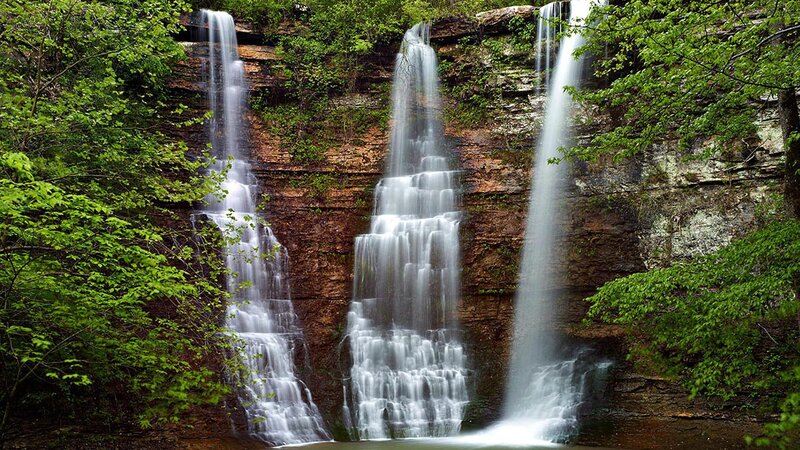 Three Waterfalls on Cliff — Green