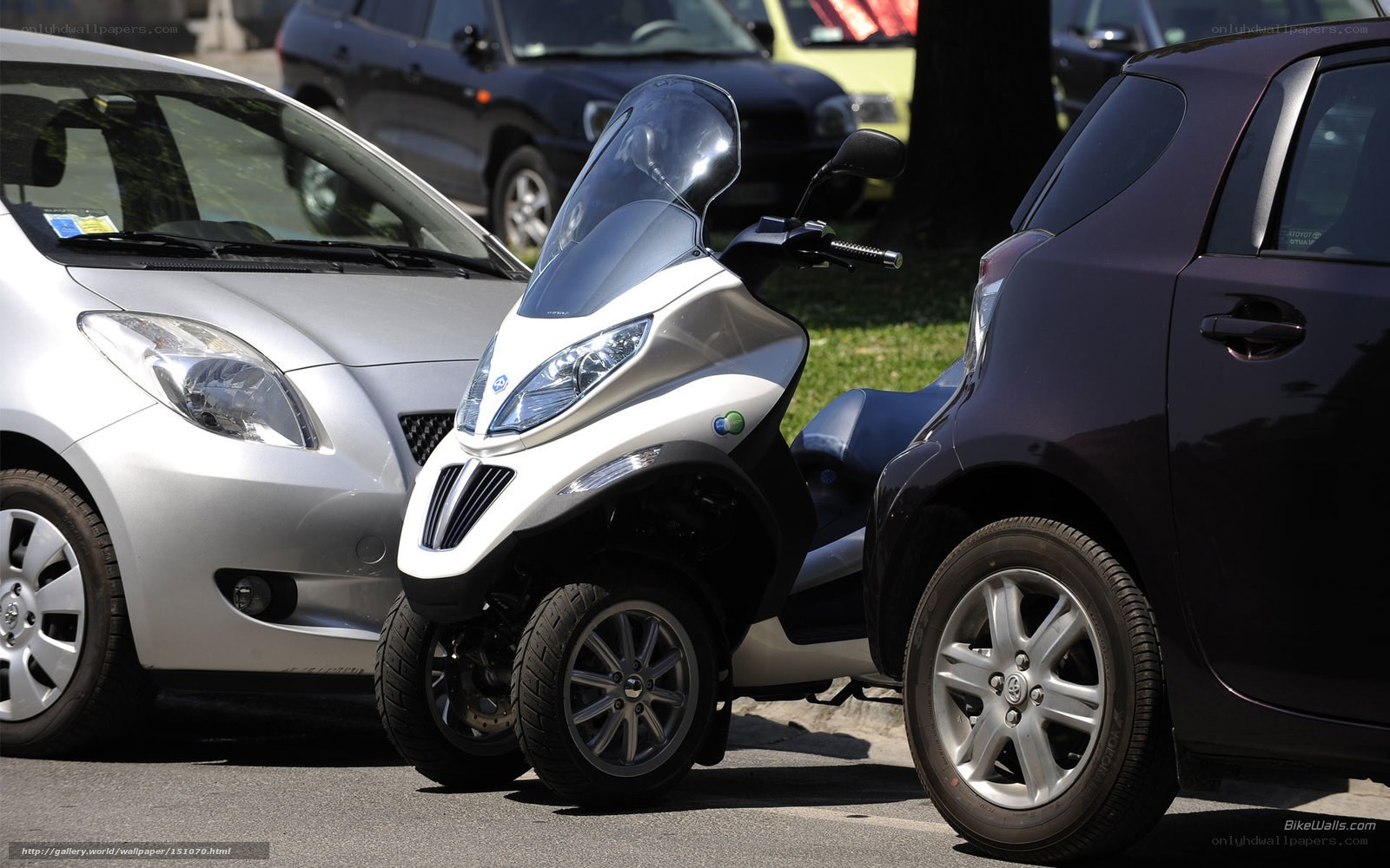 Three-wheeled scooter parked between cars