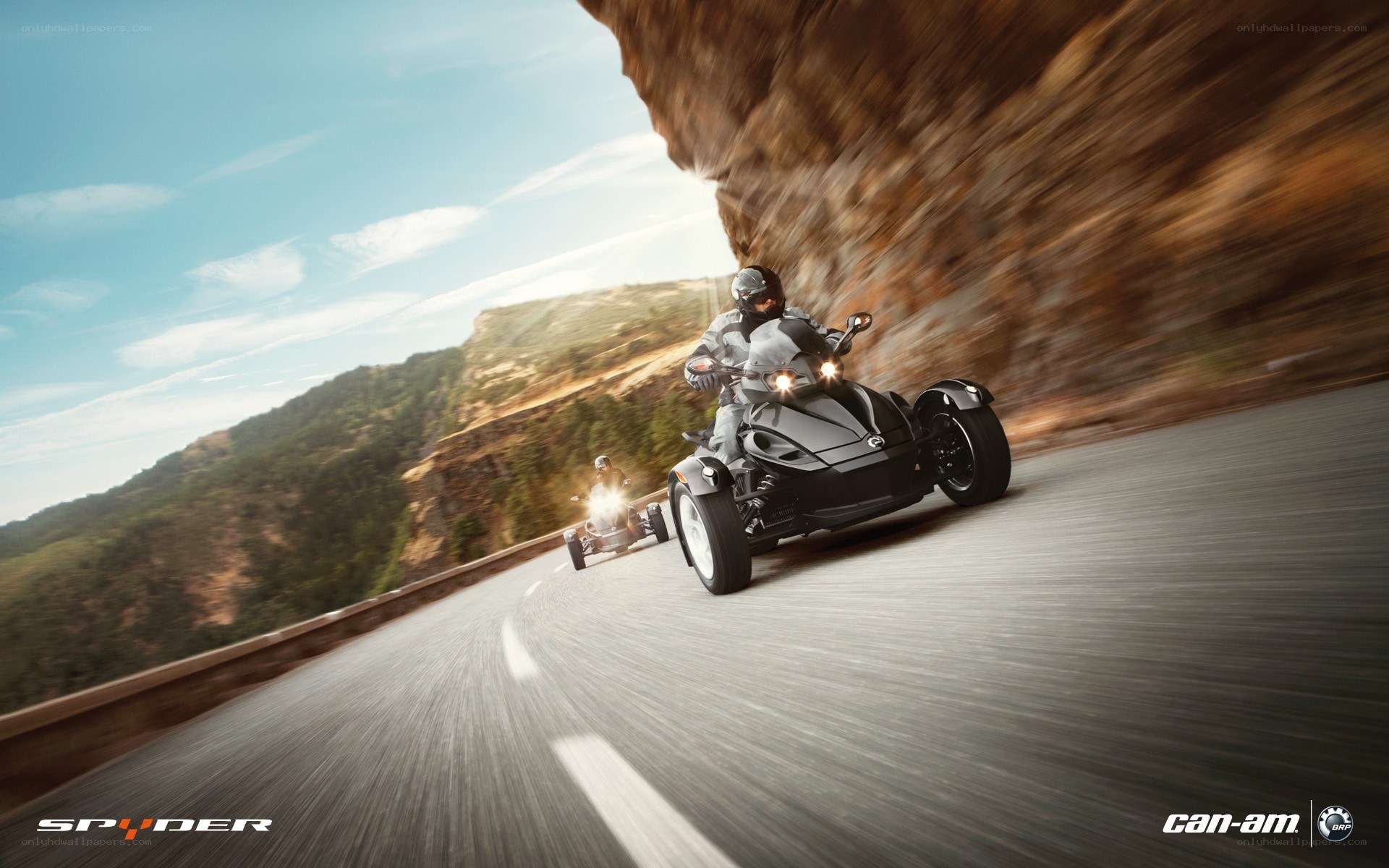 Three-wheeled vehicles on a winding road