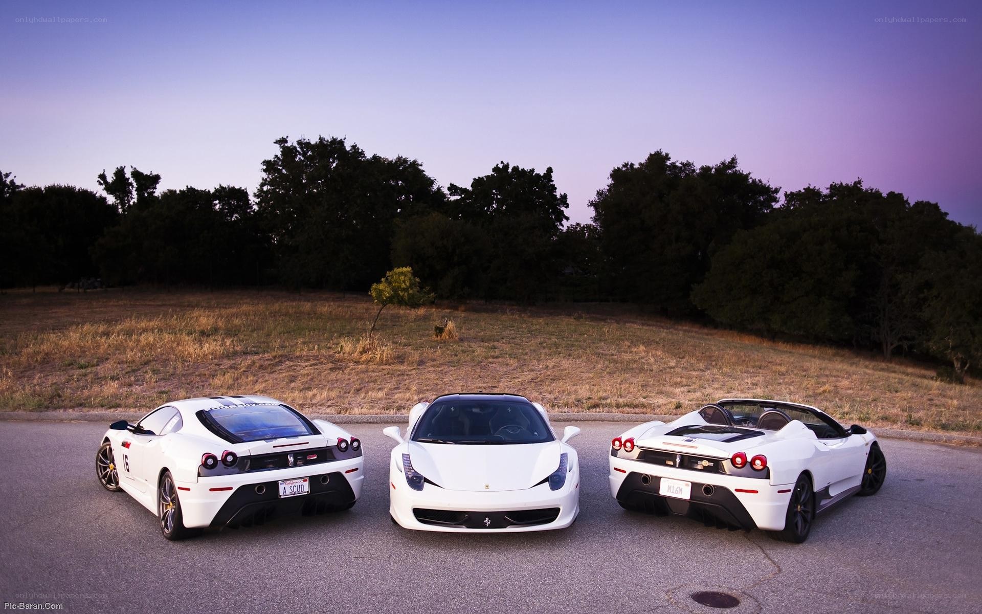 Three white Ferraris at dusk
