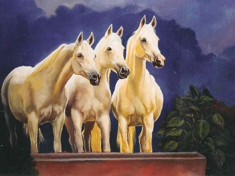 Three White Horses — Dramatic, Night, Painting