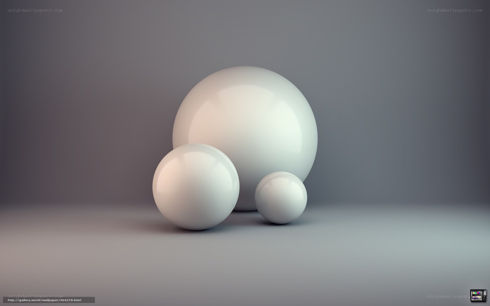 Three white spheres on gray