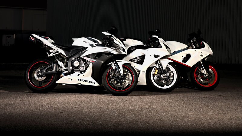 Three White Sport Motorcycles — Dramatic, Night