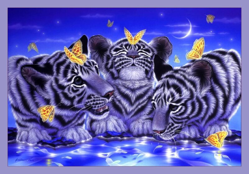 Three White Tiger Cubs — Blue, Serene