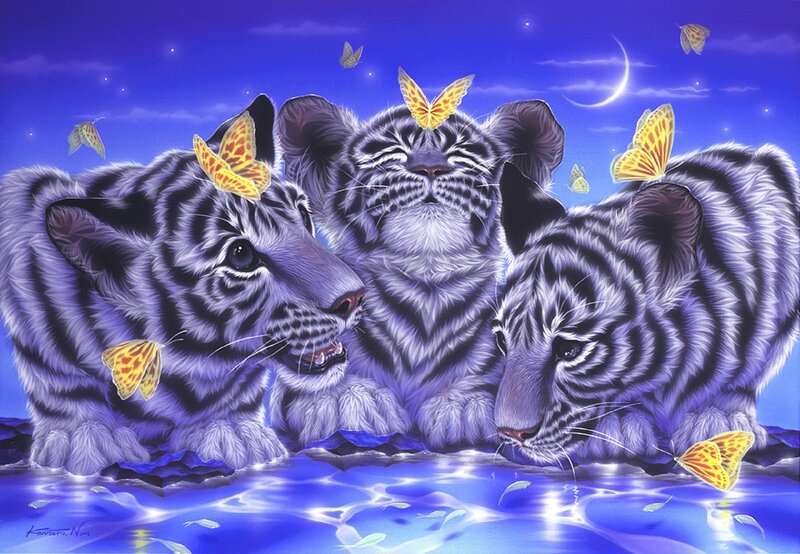 Three White Tiger Cubs — Blue