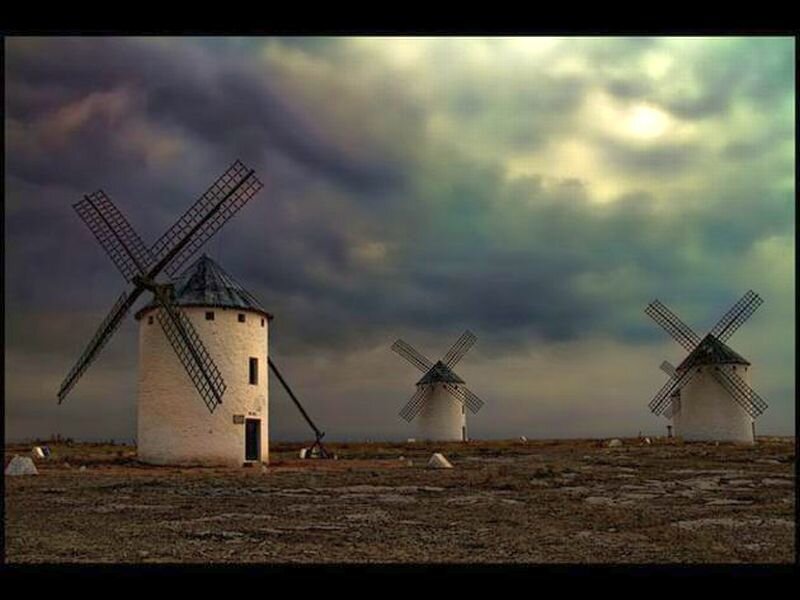 Three Windmills in Field — Gray