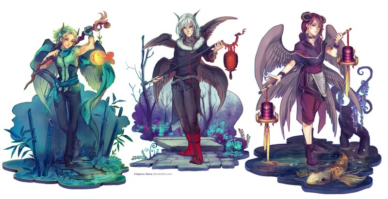 Three winged characters with lanterns