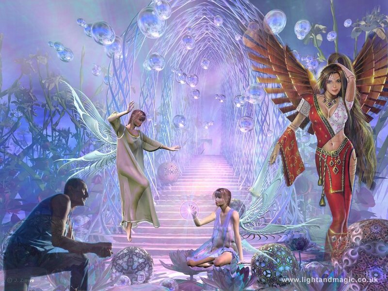 Three Winged Figures in Fantasy Scene