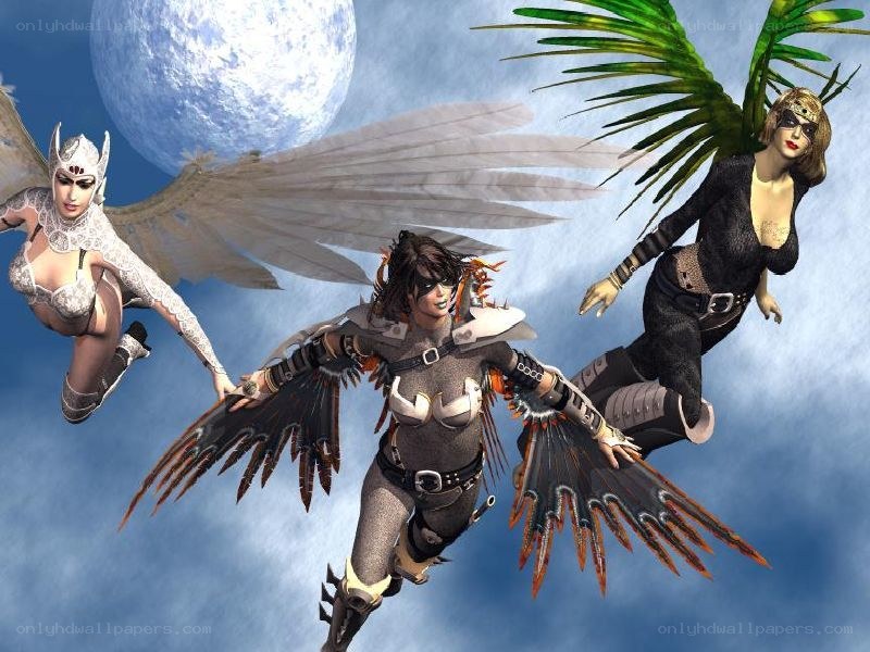 three winged women in flight