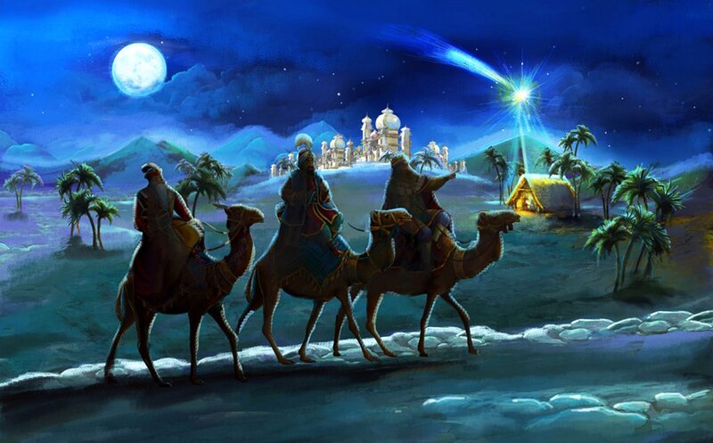 Three Wise Men on Camels — Blue, Dramatic, Night, Digital Art, Camel