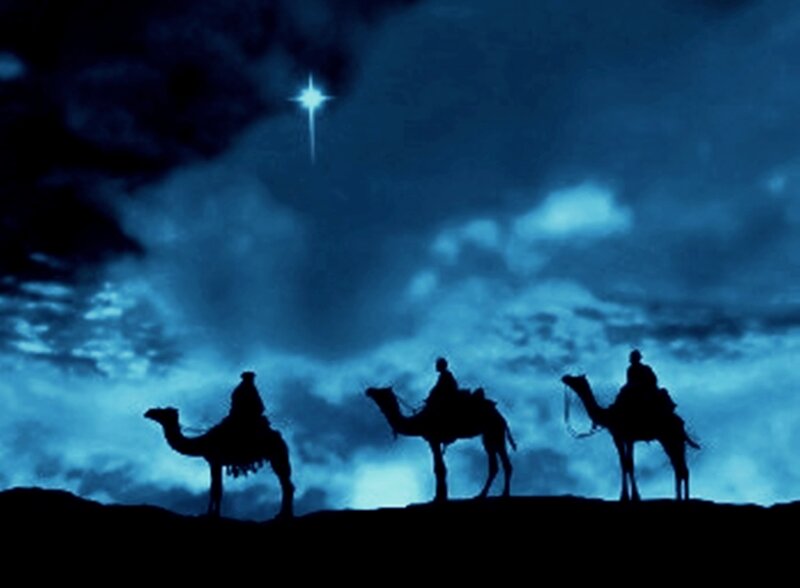 Three Wise Men on Camels — Blue, Dramatic, Night, Illustration, Camel