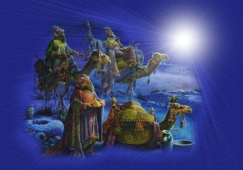 Three Wise Men on Camels — Blue, Dramatic, Night, Illustration