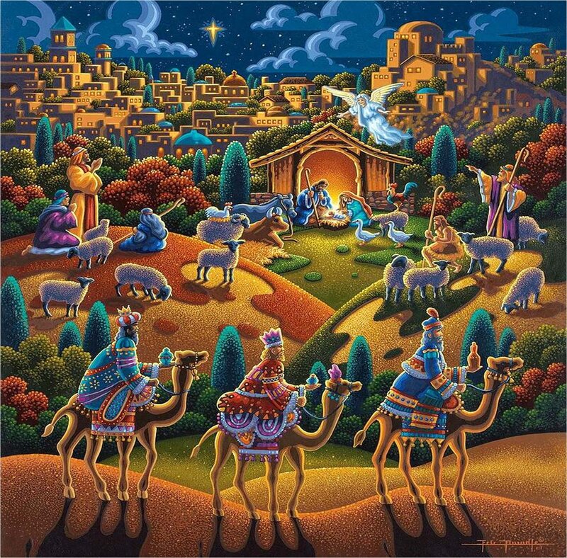 Three Wise Men on Camels — Blue, Serene, Night, Illustration, Shepherds