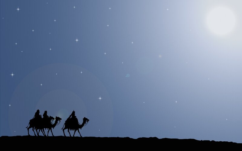 Three Wise Men on Camels — Blue, Serene, Night, Illustration, Stars, Night Sky, Black