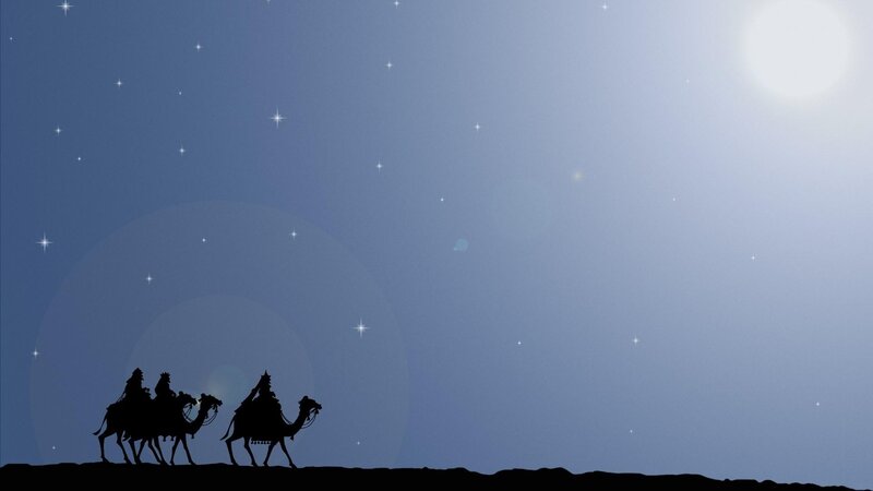 Three Wise Men on Camels — Blue, Serene, Night, Illustration, Stars, Night Sky