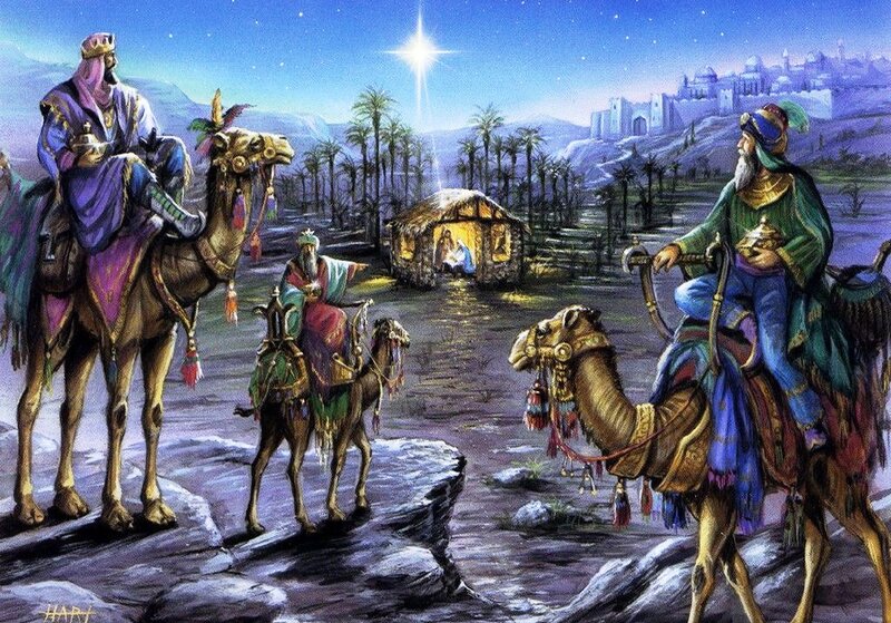 Three Wise Men on Camels — Blue, Serene, Night, Illustration