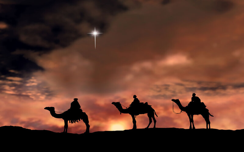 Three Wise Men on Camels — Orange, Dramatic, Sunset, Digital Art