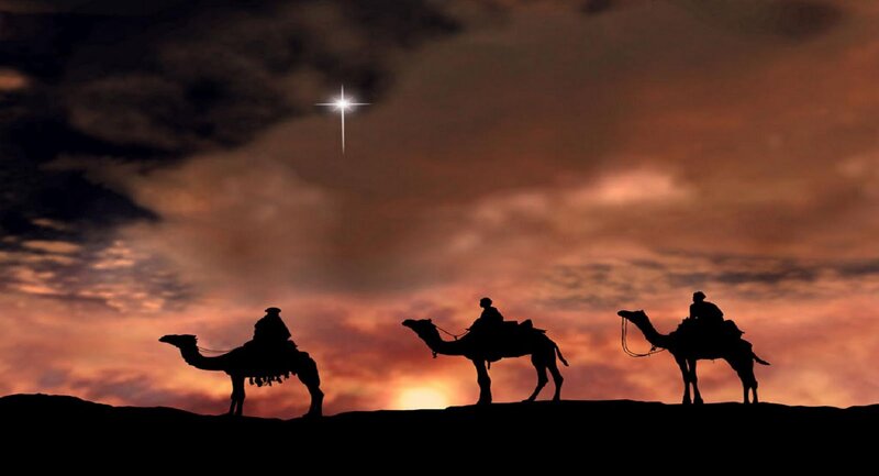 Three Wise Men on Camels — Orange, Dramatic, Sunset, Illustration