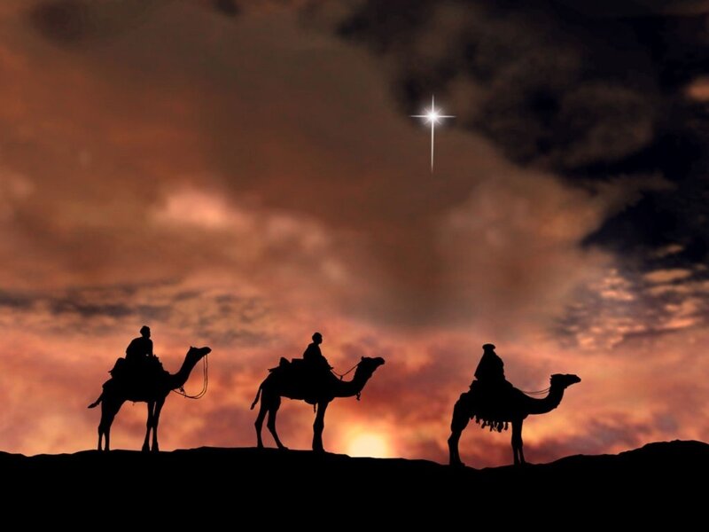 Three Wise Men on Camels — Orange, Dramatic, Sunset