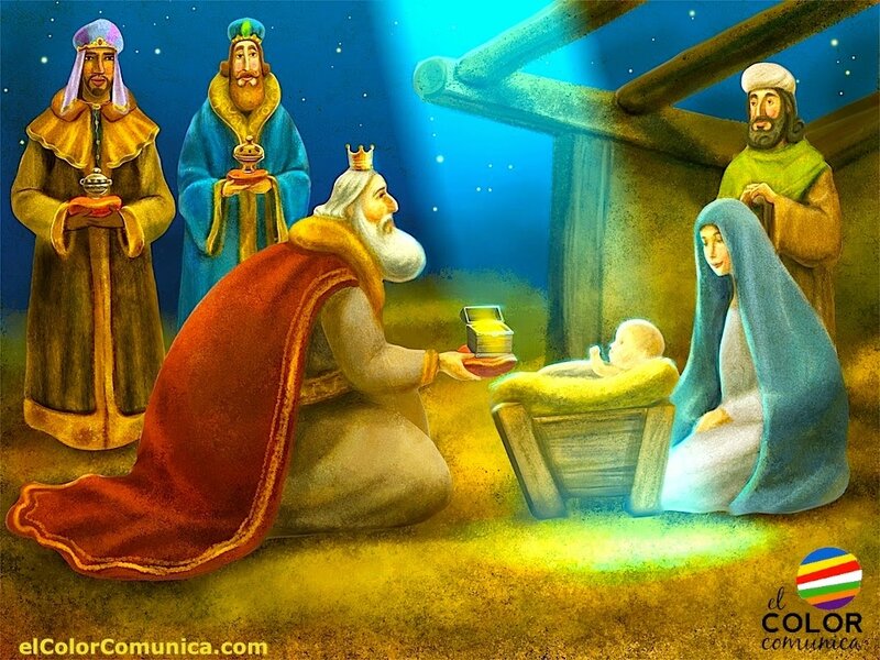 Three Wise Men Visiting Baby — Blue, Reverent, Night