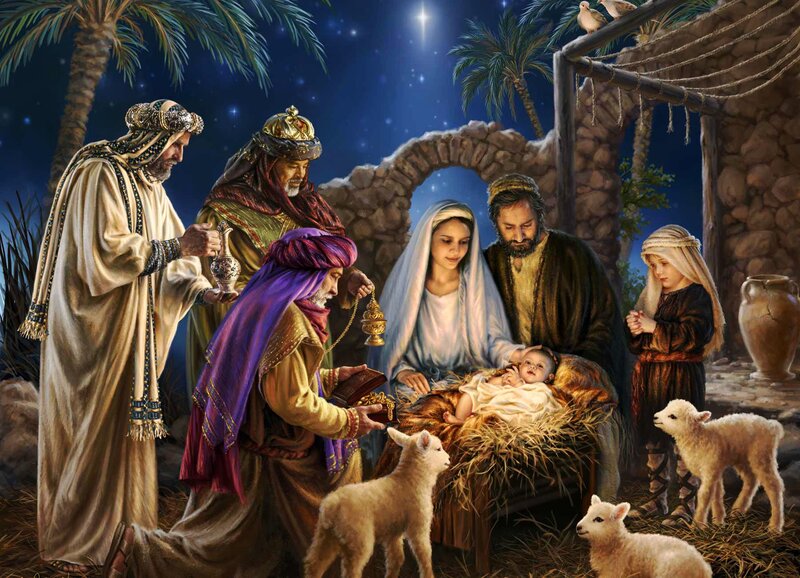 Three Wise Men Visiting Baby — Blue, Serene, Night, Illustration