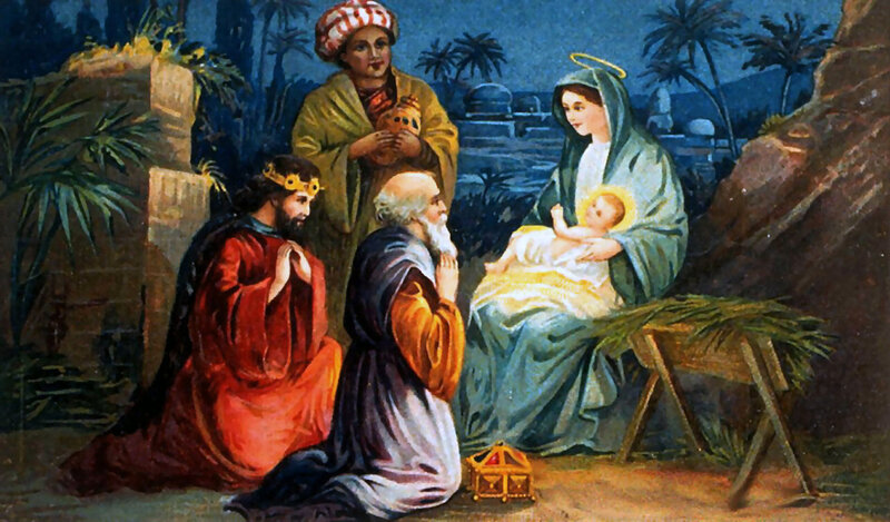 Three Wise Men Visiting Baby — Blue, Serene, Night, Painting