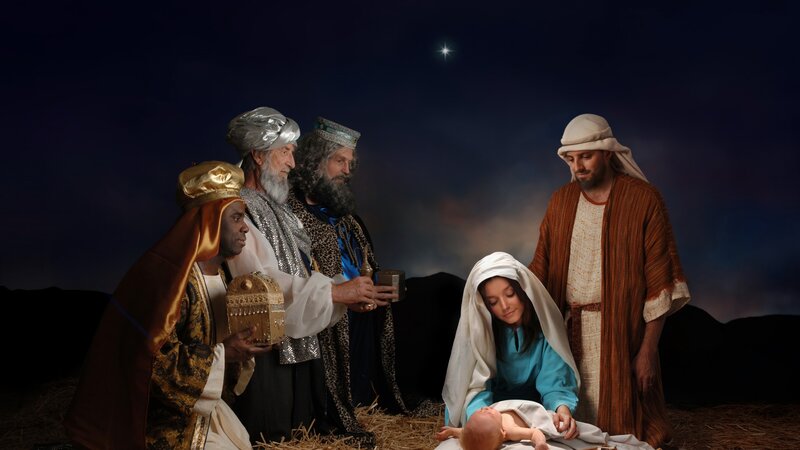 Three Wise Men Visiting Baby — Blue, Serene, Night