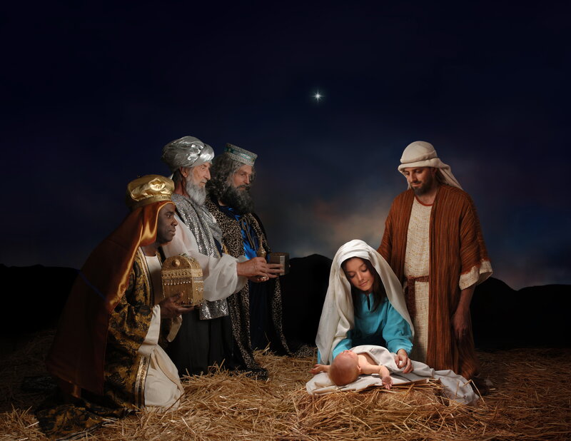Three Wise Men Visiting Baby — Blue, Serene