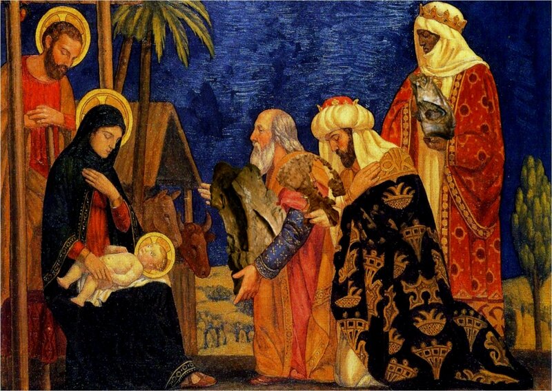 Three Wise Men Visiting Baby Jesus — Blue, Reverent, Night
