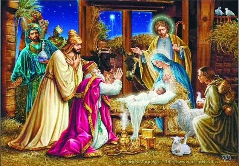 Three Wise Men Visiting Baby Jesus — Blue, Serene, Night, Illustration
