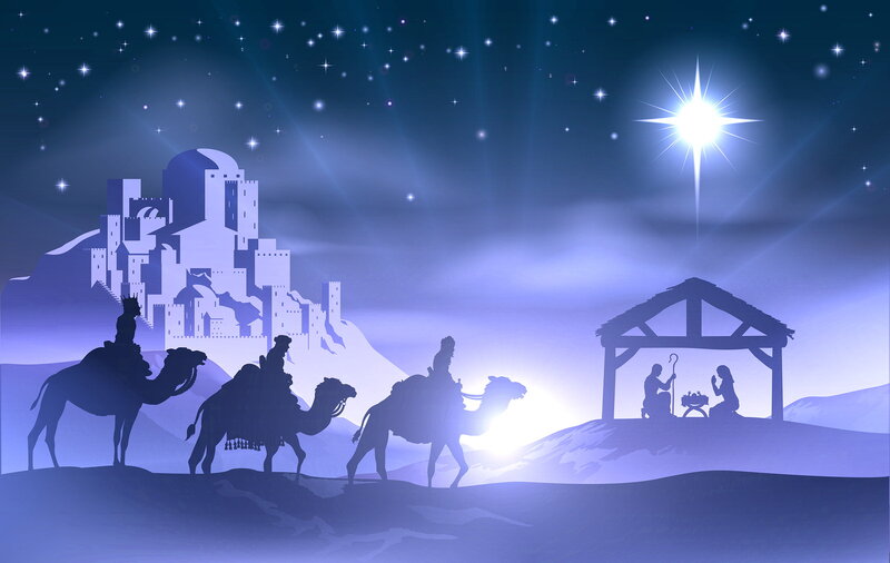 Three Wise Men Visiting Manger — Blue