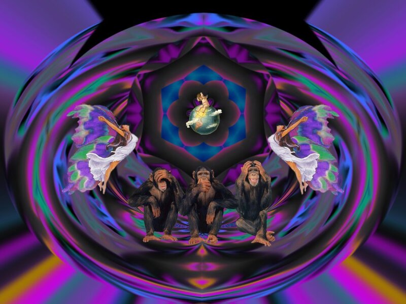 three wise monkeys in psychedelic tunnel