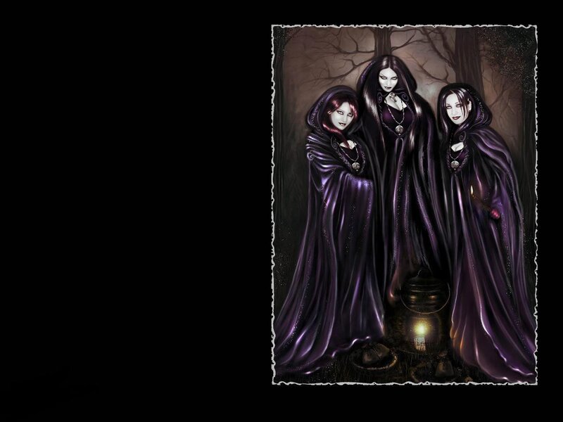 three witches in a dark forest